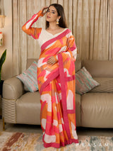 Naqsha - Abstract Print Chanderi Saree with Ajrakh Stripe Border