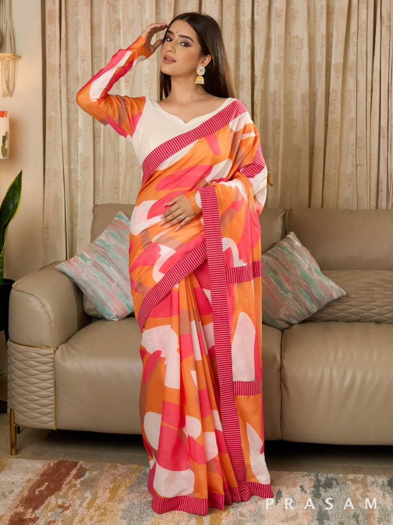 Naqsha - Abstract Print Chanderi Saree with Ajrakh Stripe Border