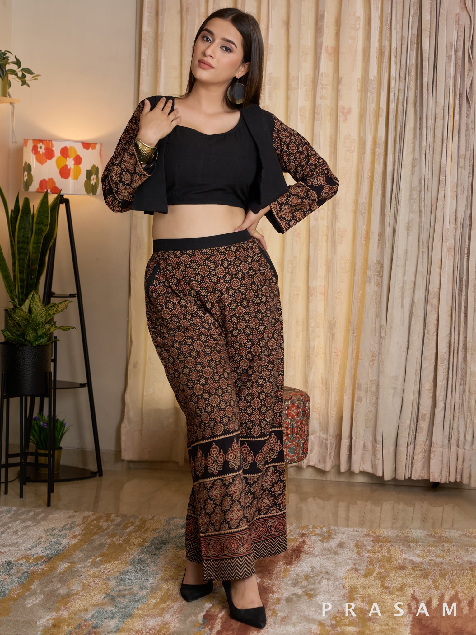 Rustic Grace Ajrakh & Black Handloom cotton Pant Set with Jacket