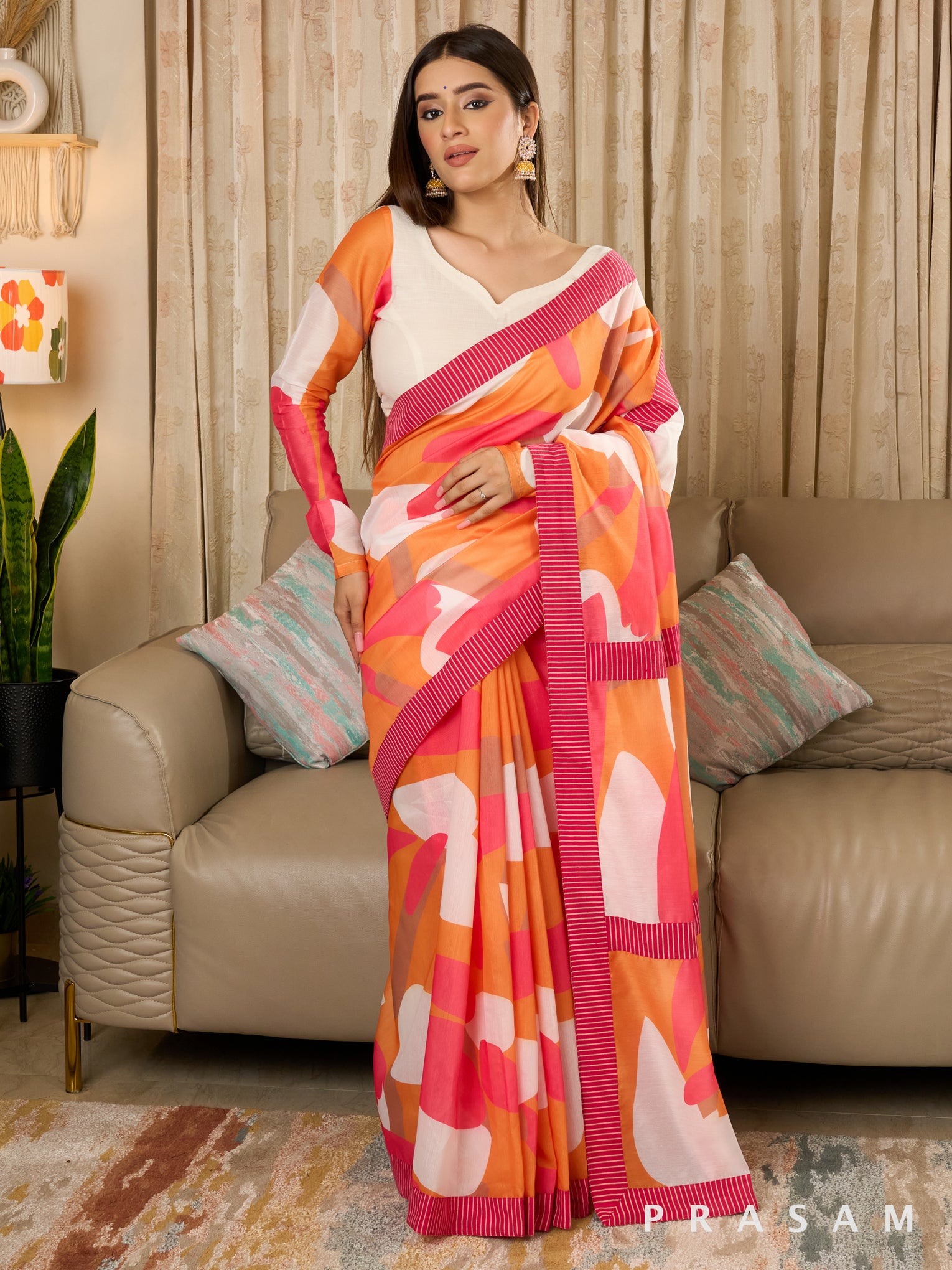 Naqsha - Abstract Print Chanderi Saree with Ajrakh Stripe Border