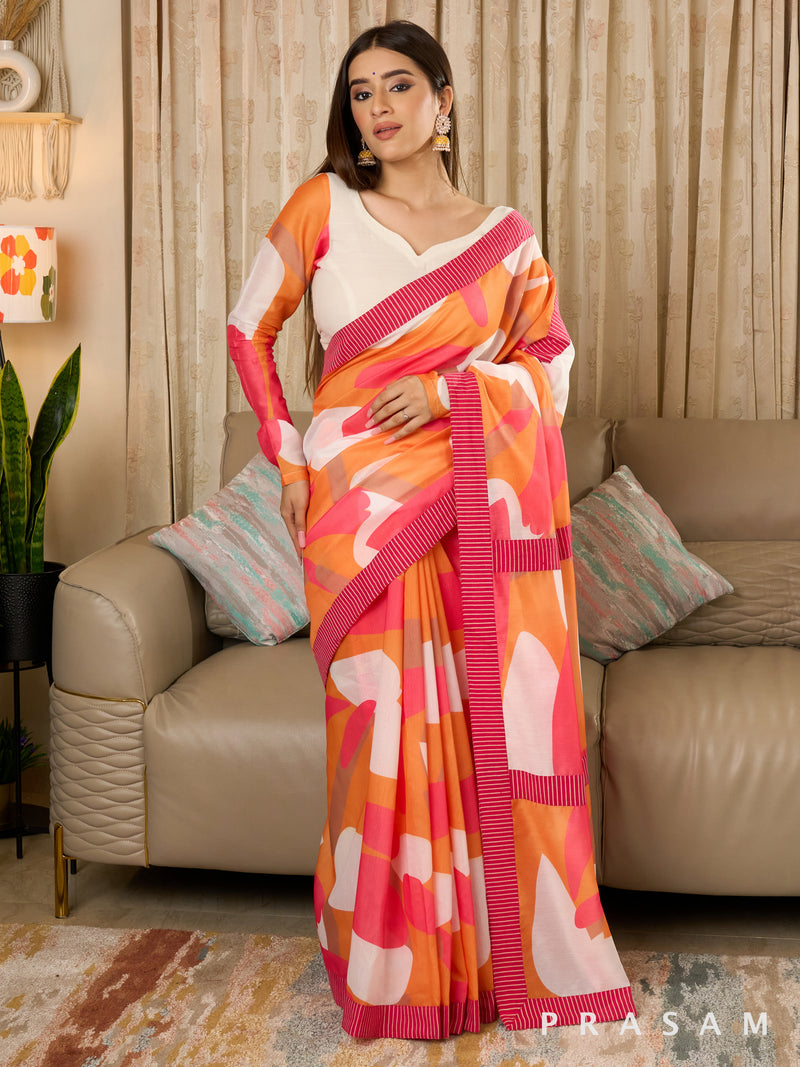 Naqsha - Abstract Print Chanderi Saree with Ajrakh Stripe Border