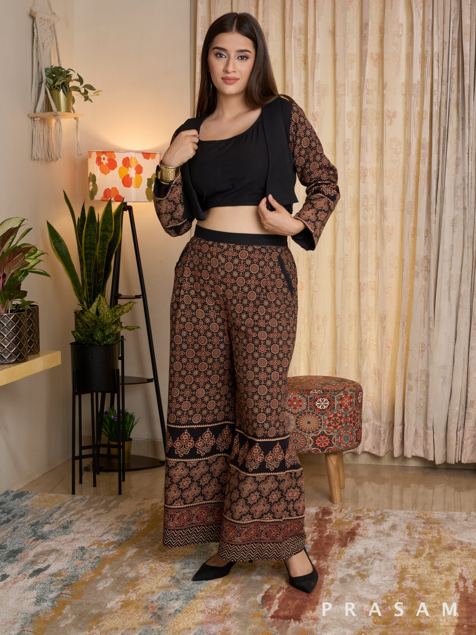 Rustic Grace Ajrakh & Black Handloom cotton Pant Set with Jacket