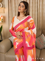 Naqsha - Abstract Print Chanderi Saree with Ajrakh Stripe Border