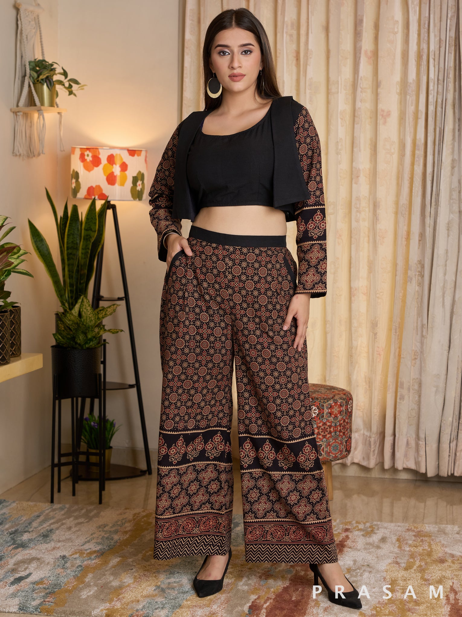 Rustic Grace Ajrakh & Black Handloom cotton Pant Set with Jacket