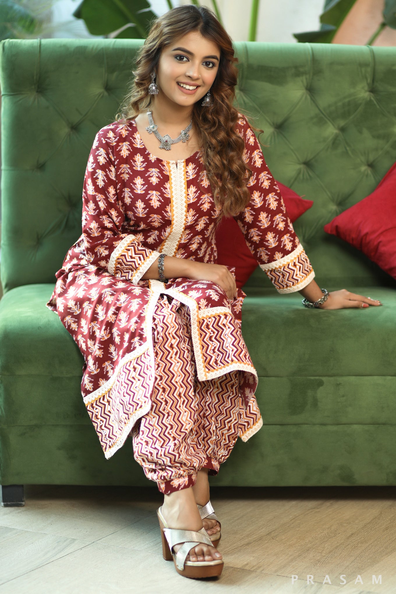 Ruby Radiance  Elegant Soft Cotton Printed Kurta With Lace Trims And Afghani Salwar (Optional Dupatta)