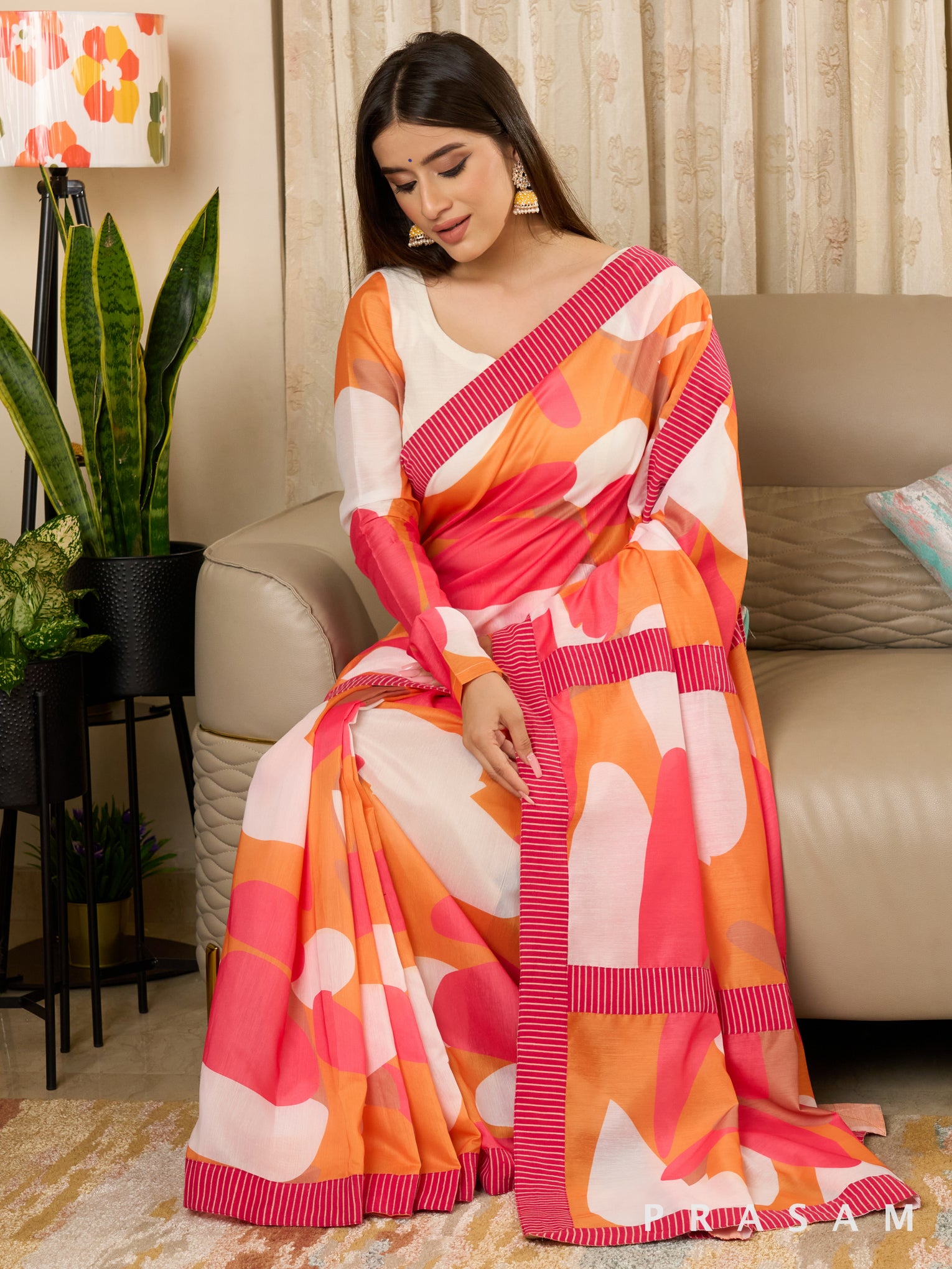 Naqsha - Abstract Print Chanderi Saree with Ajrakh Stripe Border