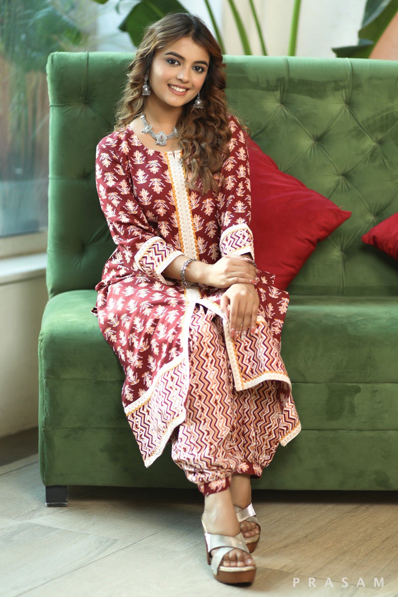 Ruby Radiance  Elegant Soft Cotton Printed Kurta With Lace Trims And Afghani Salwar (Optional Dupatta)