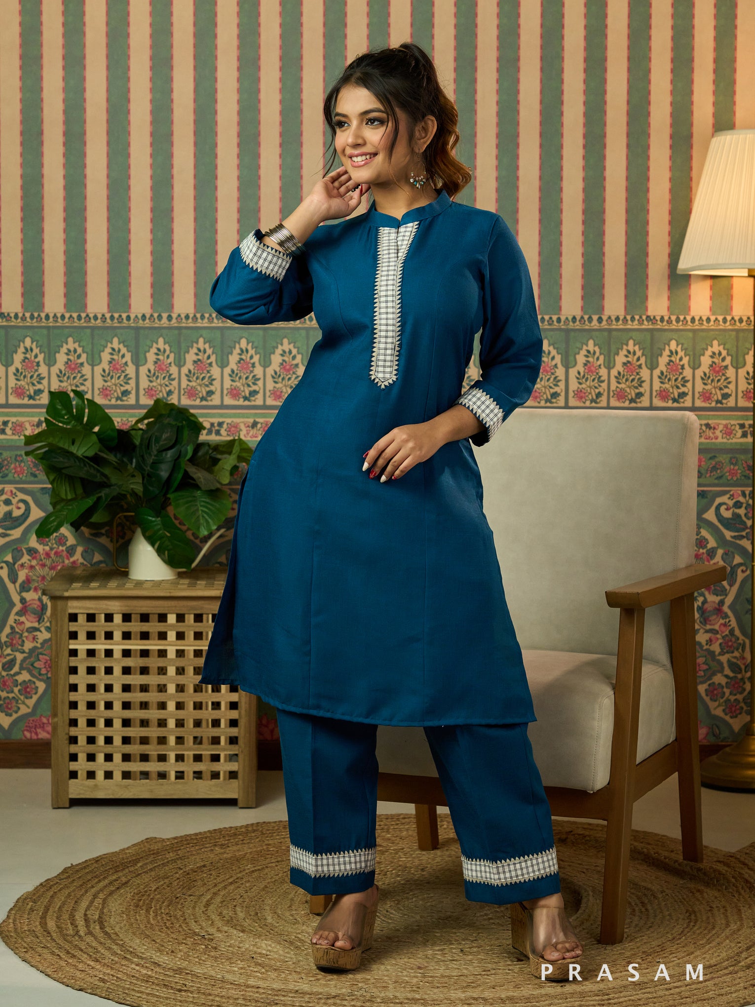 Tapsi Teal Kurta Set With Checkered Trims