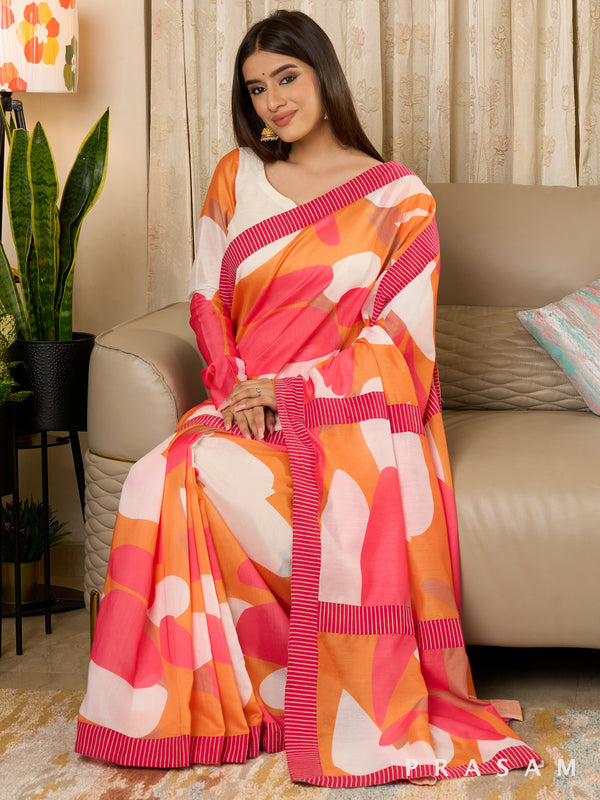 Naqsha - Abstract Print Chanderi Saree with Ajrakh Stripe Border