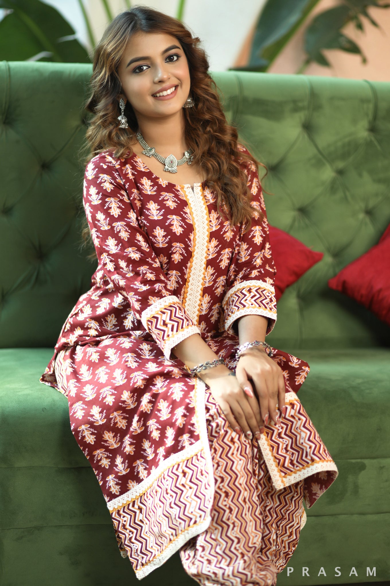 Ruby Radiance  Elegant Soft Cotton Printed Kurta With Lace Trims And Afghani Salwar (Optional Dupatta)