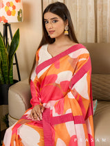 Naqsha - Abstract Print Chanderi Saree with Ajrakh Stripe Border