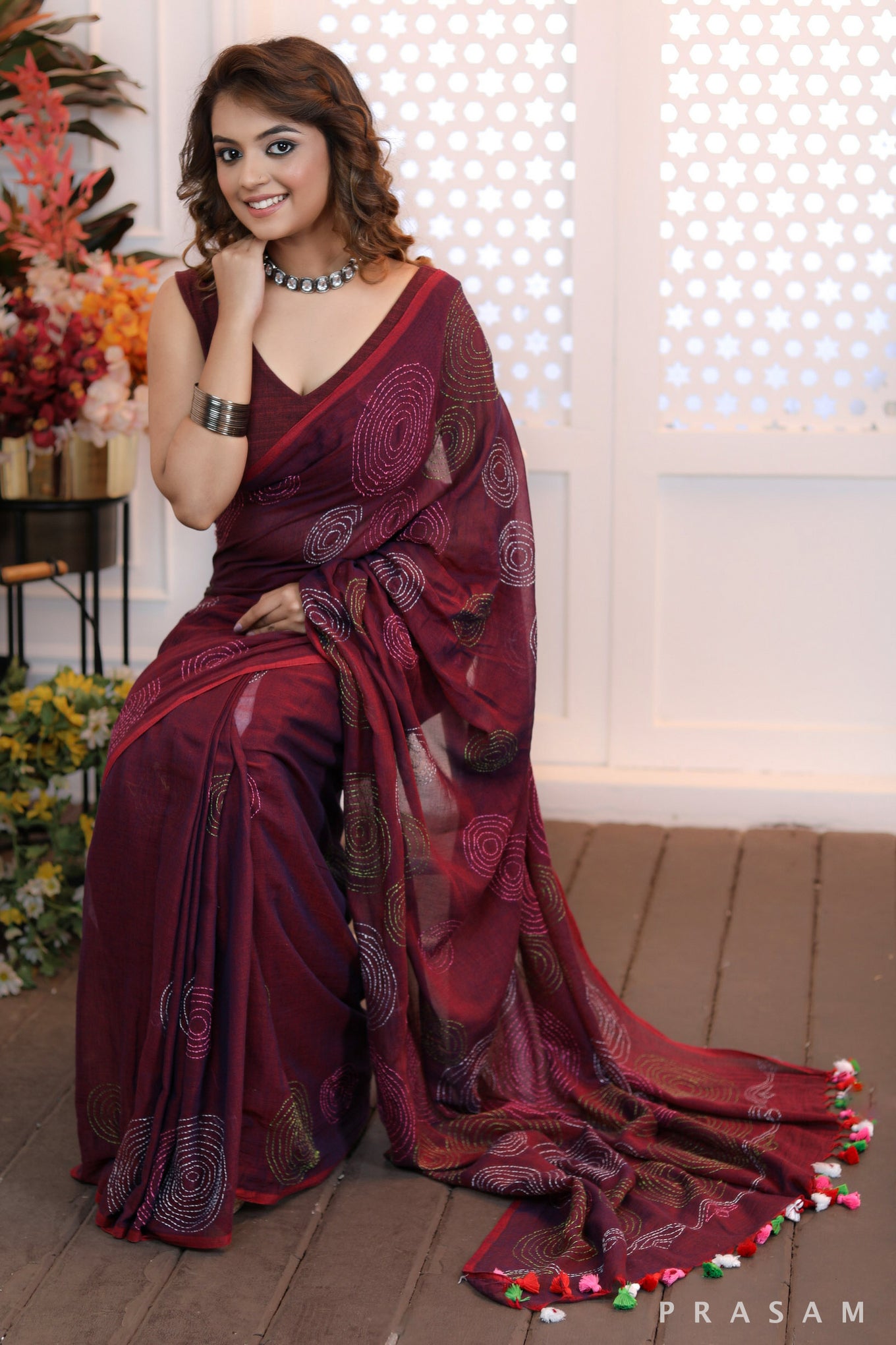 Wine Velvet Elegance Trendy handloom cotton saree