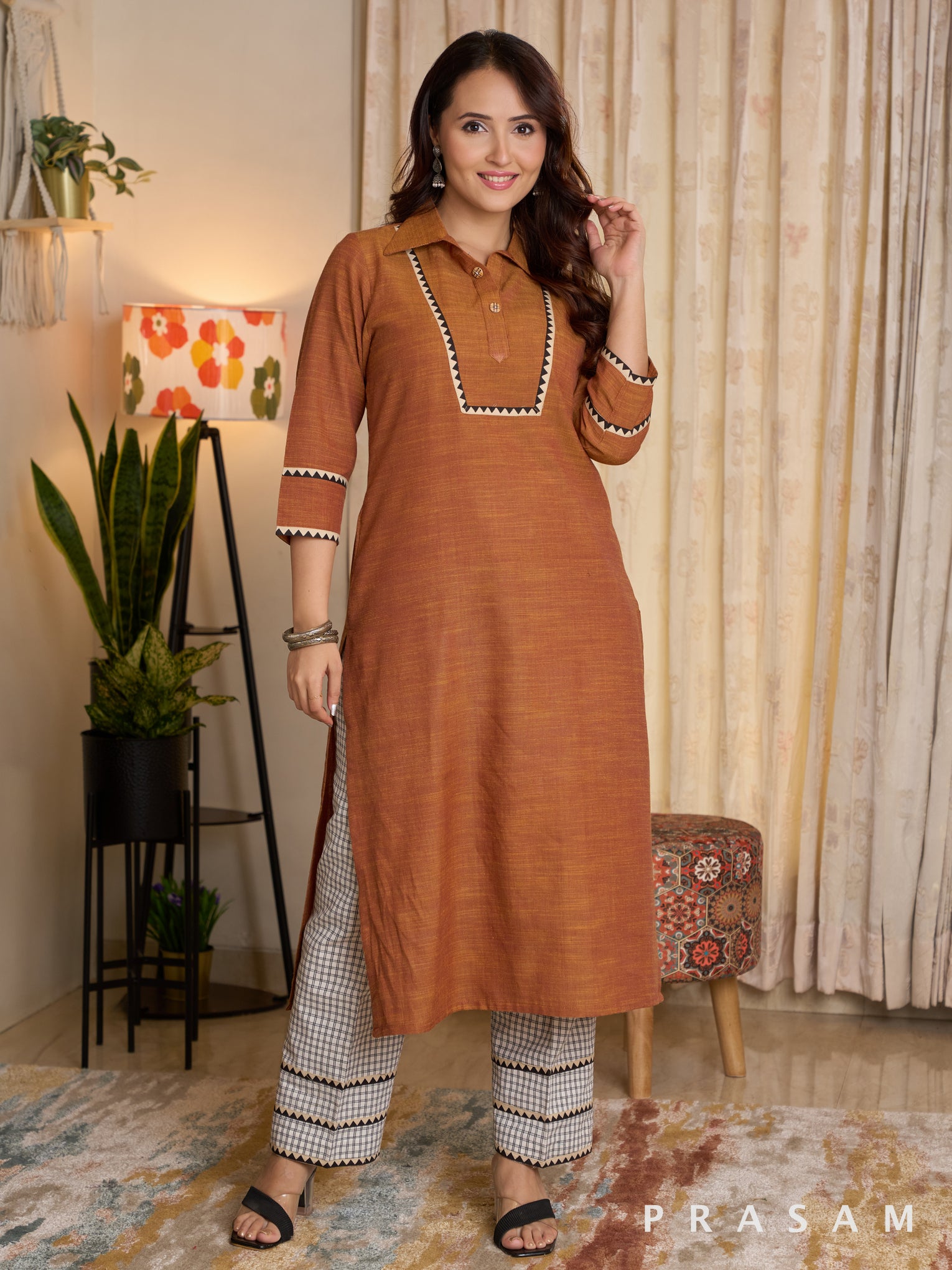 Rust Reverie Kurta With Checkered Pants