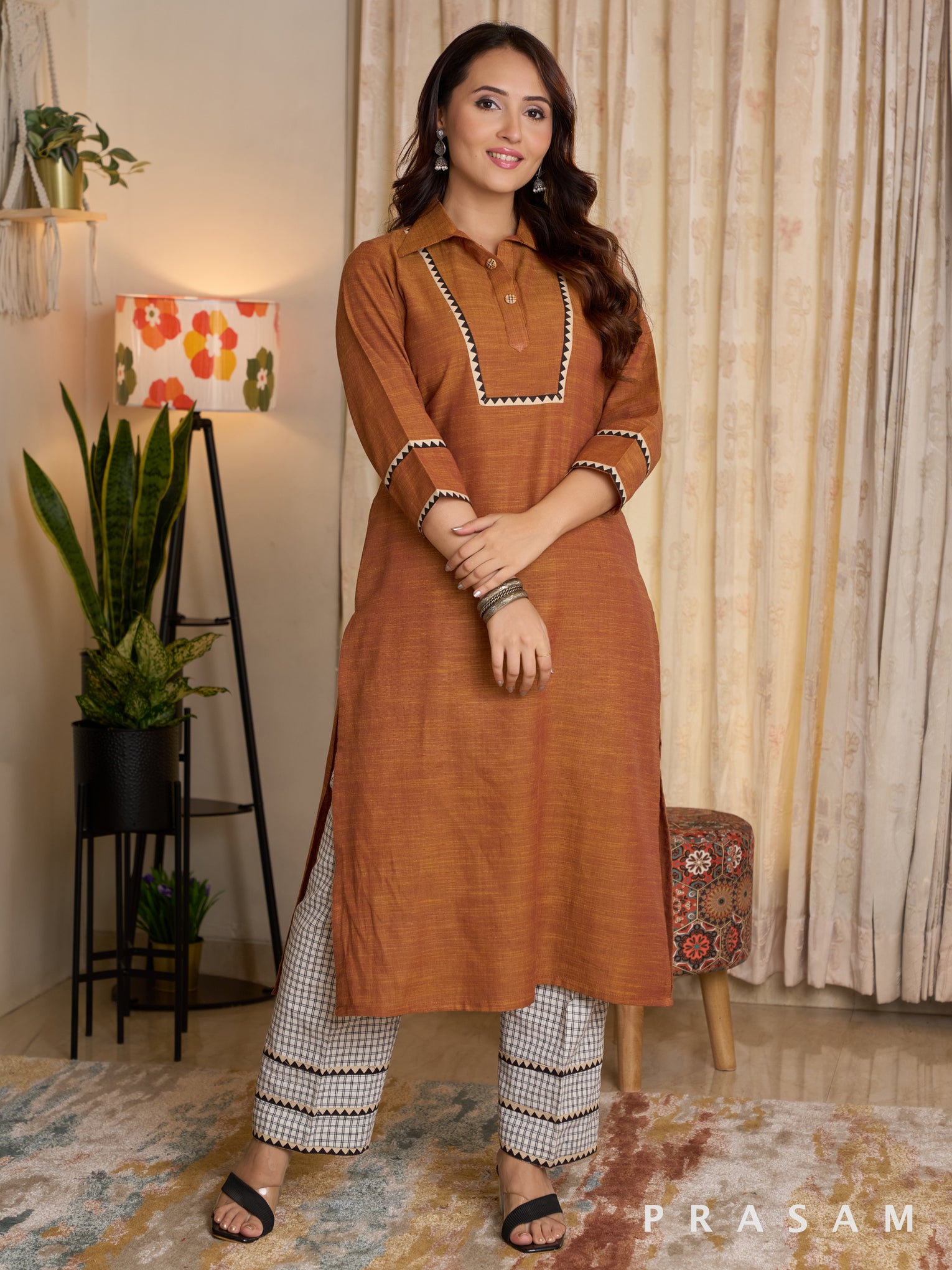 Rust Reverie Kurta With Checkered Pants