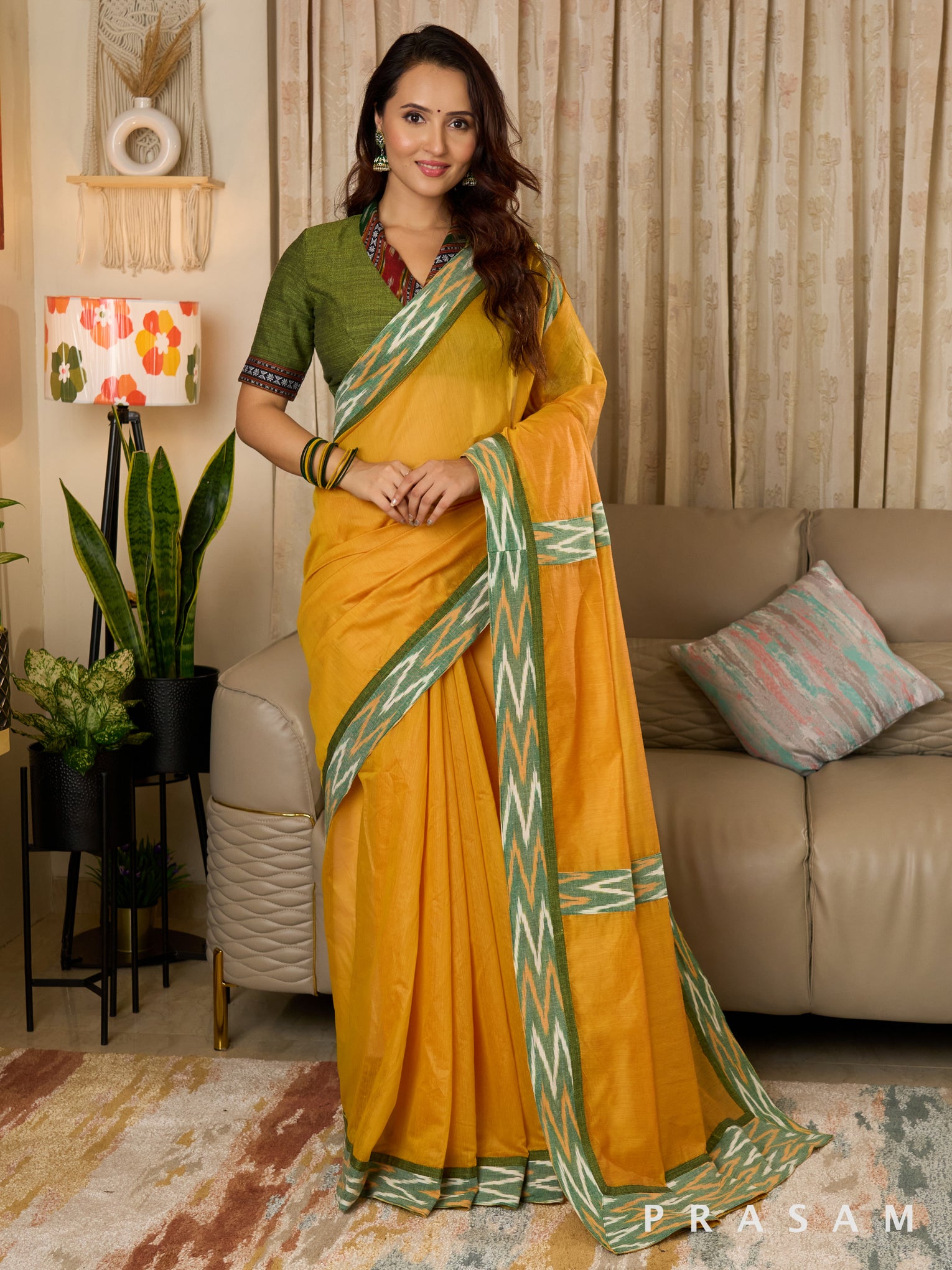 Sadgi - Yellow Chanderi Saree with Ikat Border