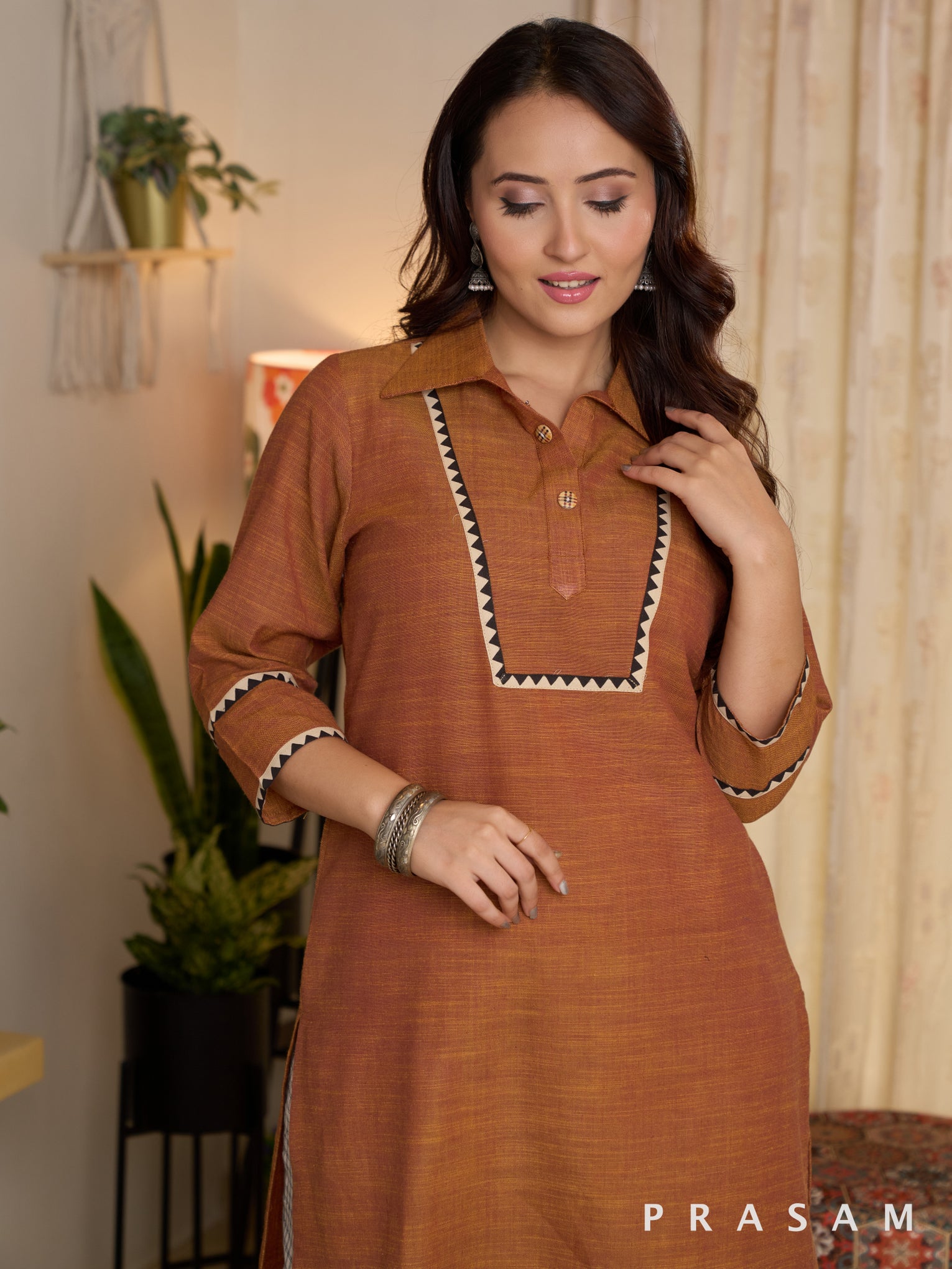 Rust Reverie Kurta With Checkered Pants