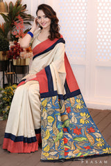 Fashionista Fusion Modern traditional beige chanderi silk saree with pure kalamkari pallu & ajrakh border trims with matching  chanderi blouse & kalamkari(optional)