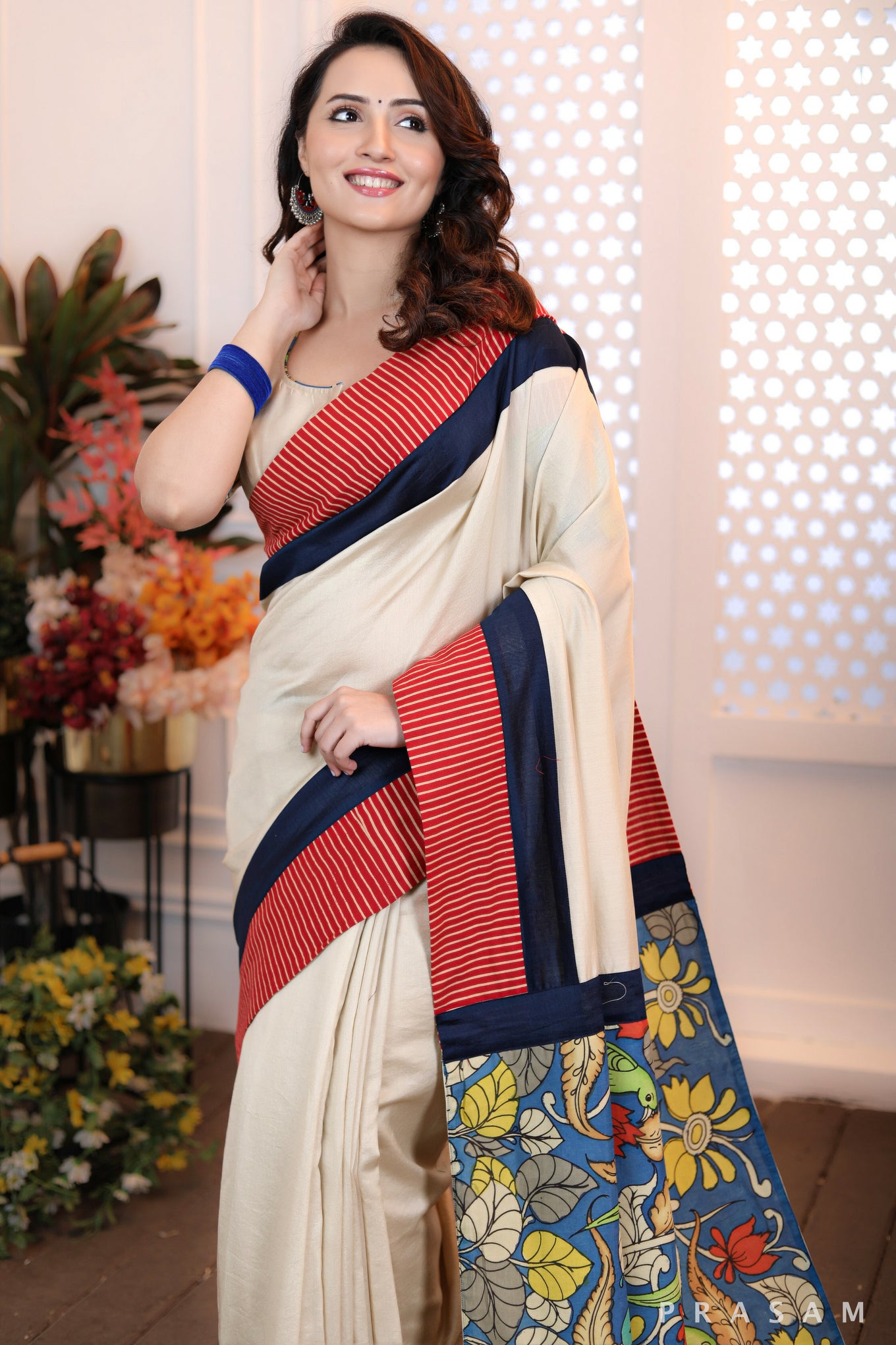 Fashionista Fusion Modern Beige Chanderi Silk Saree with Kalamkari Pallu & Ajrakh Border