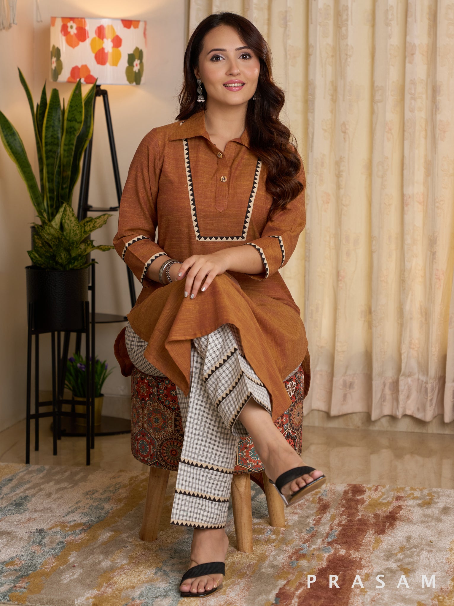 Rust Reverie Kurta With Checkered Pants