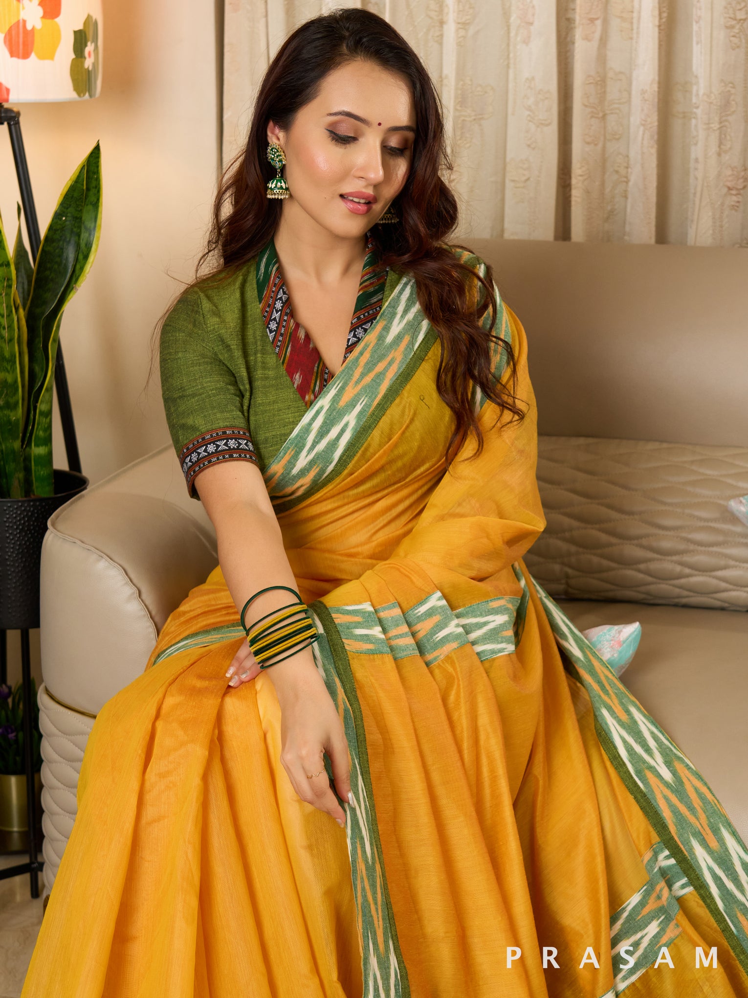 Sadgi - Yellow Chanderi Saree with Ikat Border