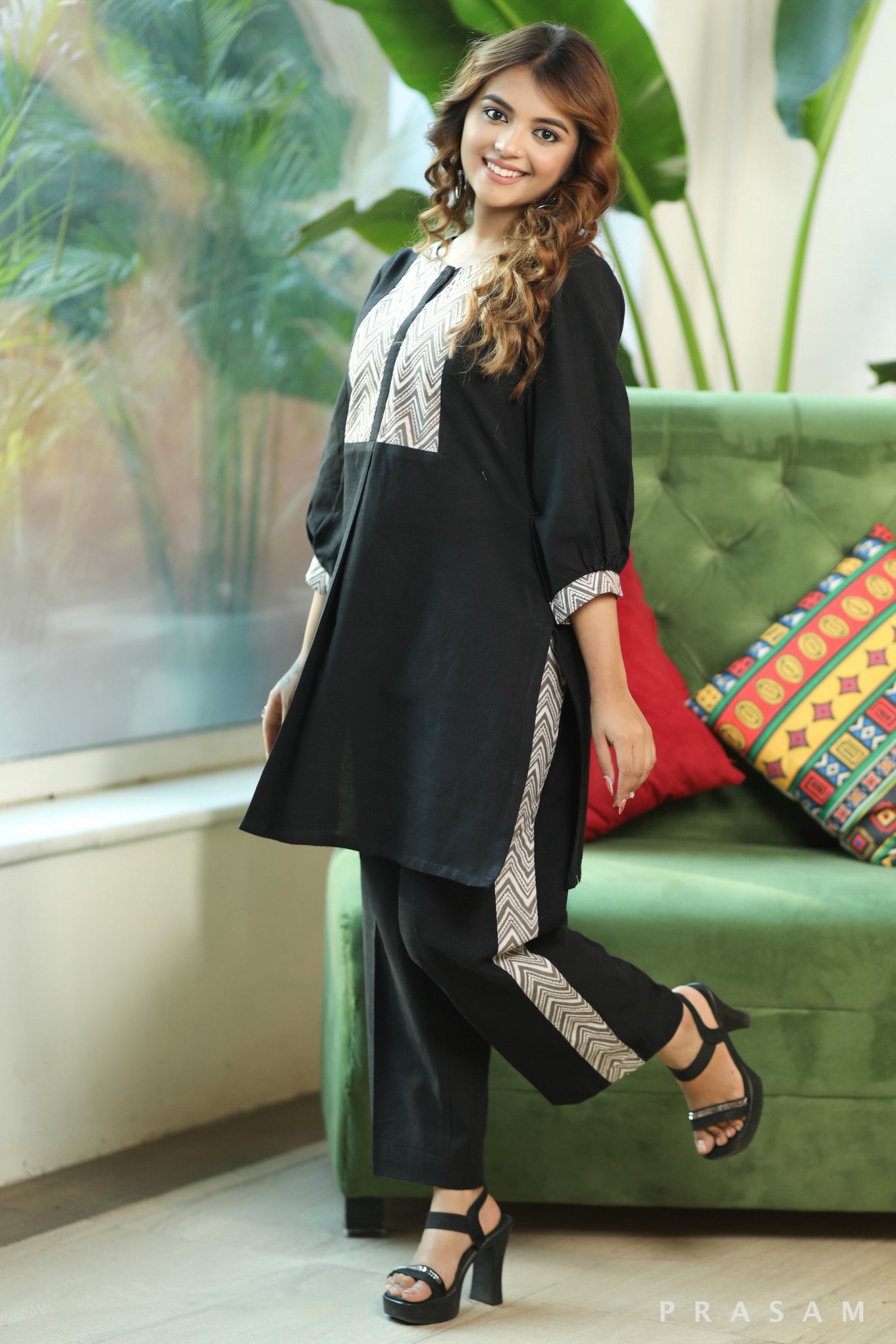 Dazzling Black Beauty  Stylish Handloom Cotton Co-ord Set With Bagru Yoke And Details At the Pant