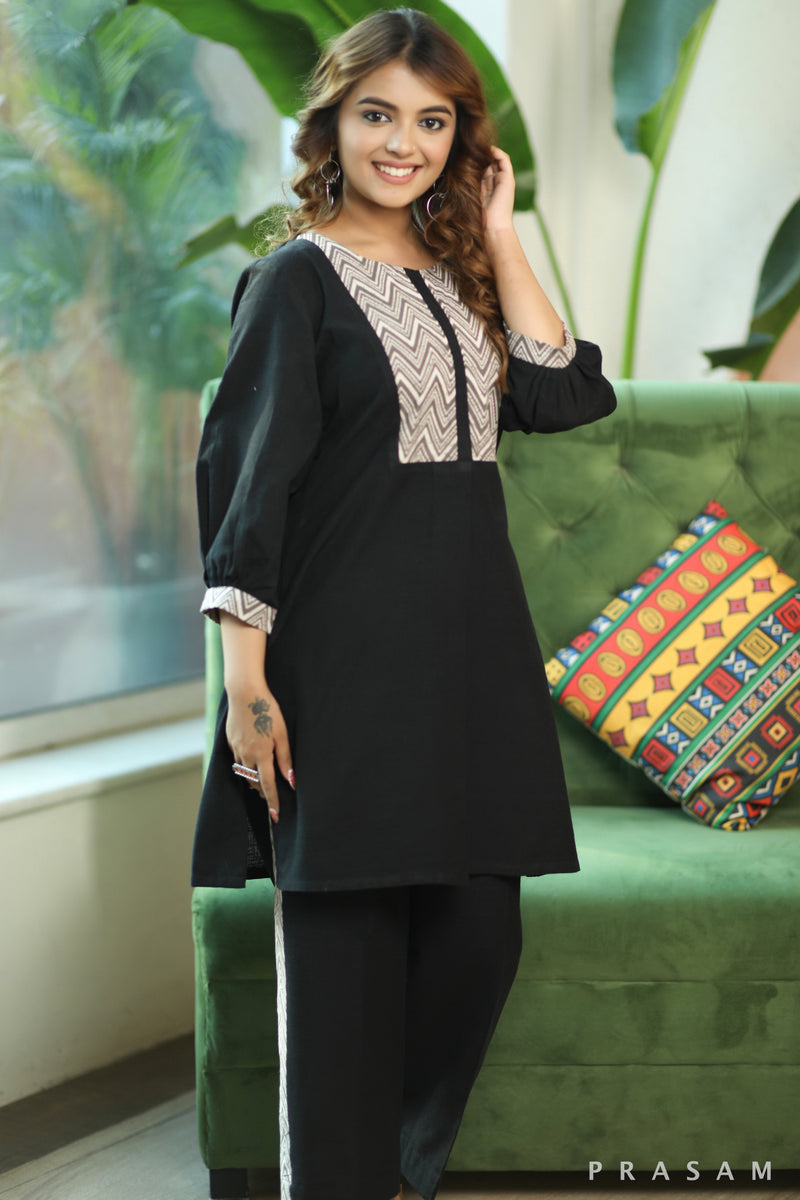 Dazzling Black Beauty  Stylish Handloom Cotton Co-ord Set With Bagru Yoke And Details At the Pant