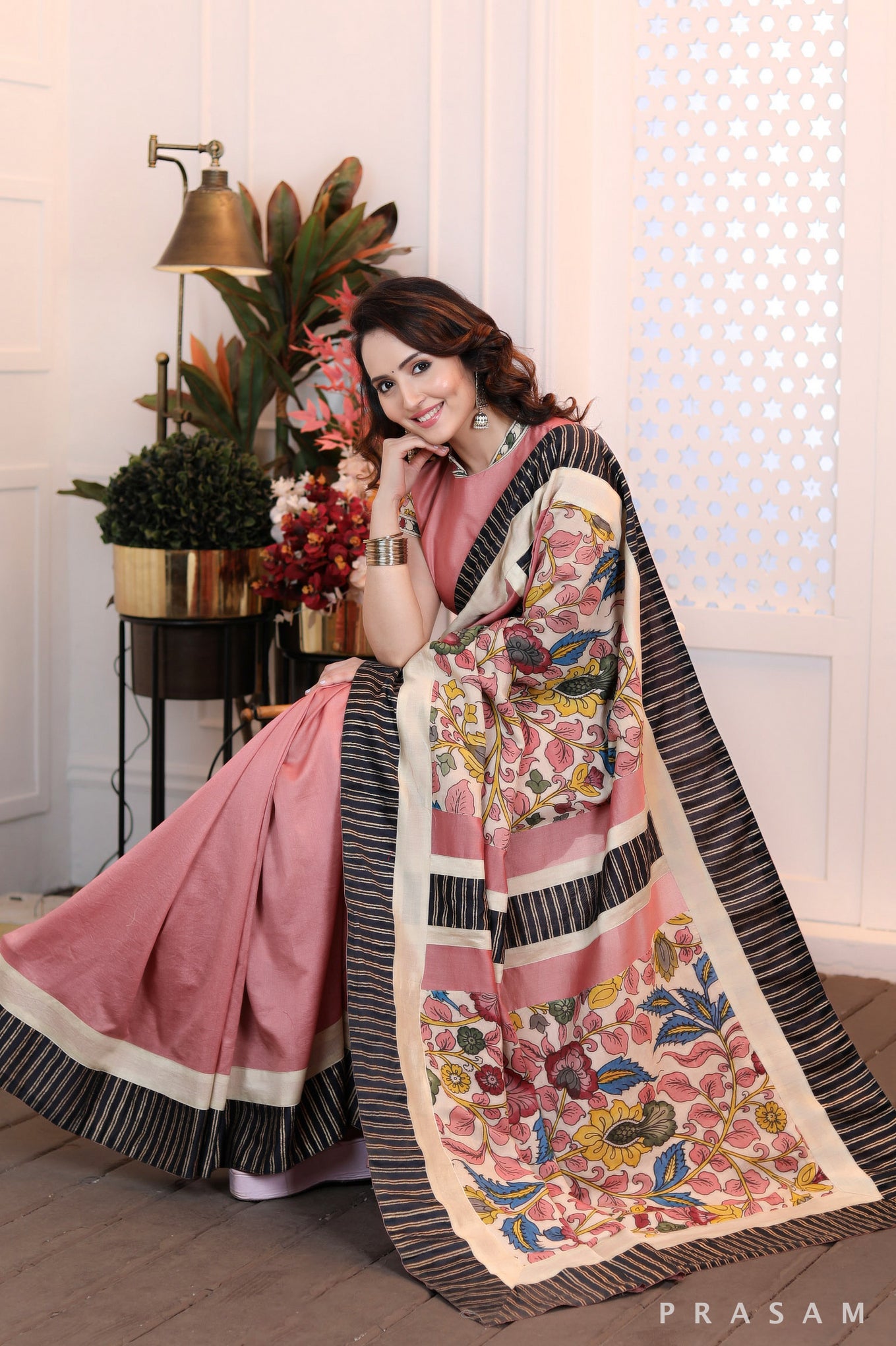 Blushing Rosewood Ethnically Modern dusky pink chanderi saree with pure kalamkari pallu & block printed borders