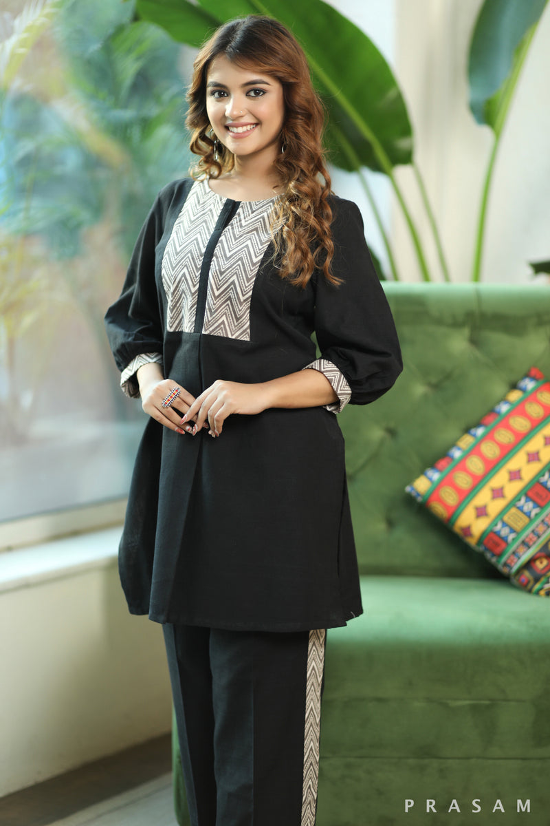 Dazzling Black Beauty - Stylish Handloom Cotton Co-ord Set With Bagru Yoke And Details At the Pant