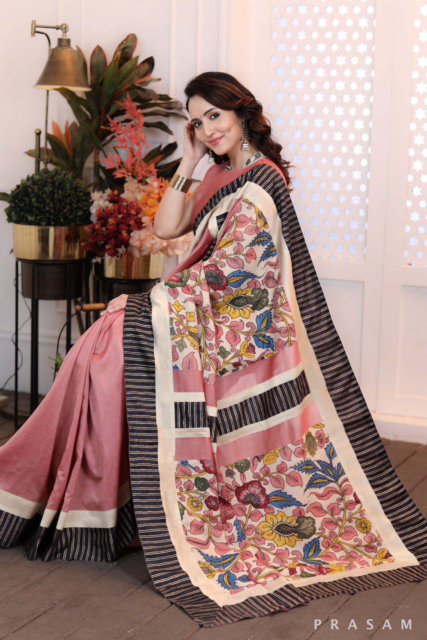 Blushing Rosewood Ethnically Modern dusky pink chanderi saree with pure kalamkari pallu & block printed borders