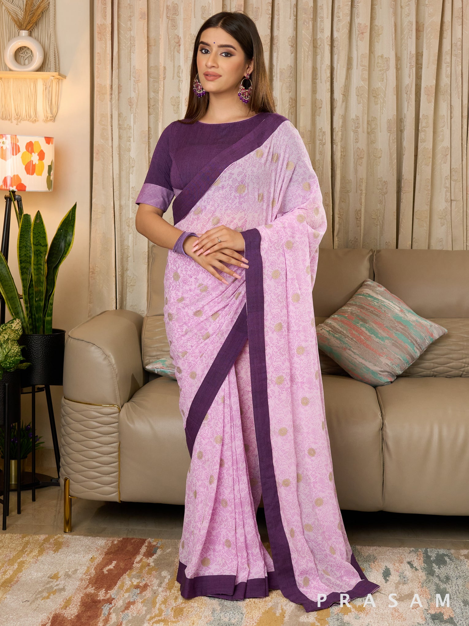 Dilkash-Georgette Block printed saree with handloom purple border