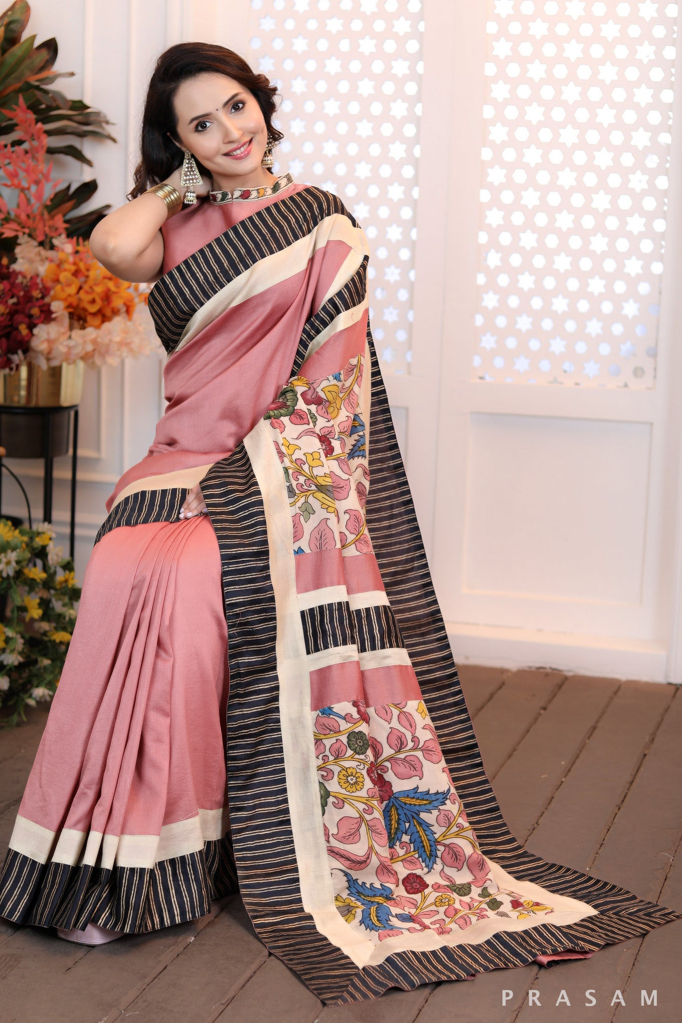 Blushing Rosewood Ethnically Modern dusky pink chanderi saree with pure kalamkari pallu & block printed borders