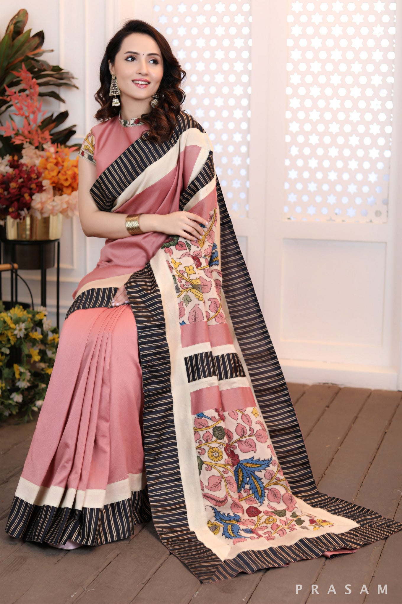 Blushing Rosewood Ethnically Modern dusky pink chanderi saree with pure kalamkari pallu & block printed borders