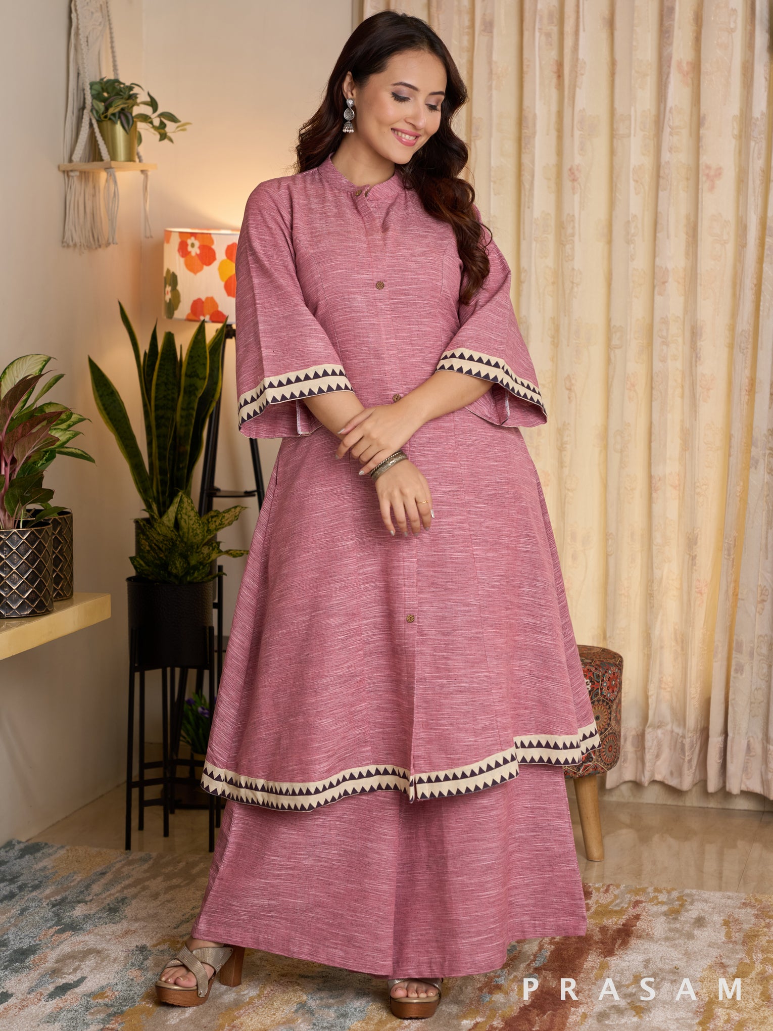 Rouge Pink Flared Kurta Set with Ajrak Trims