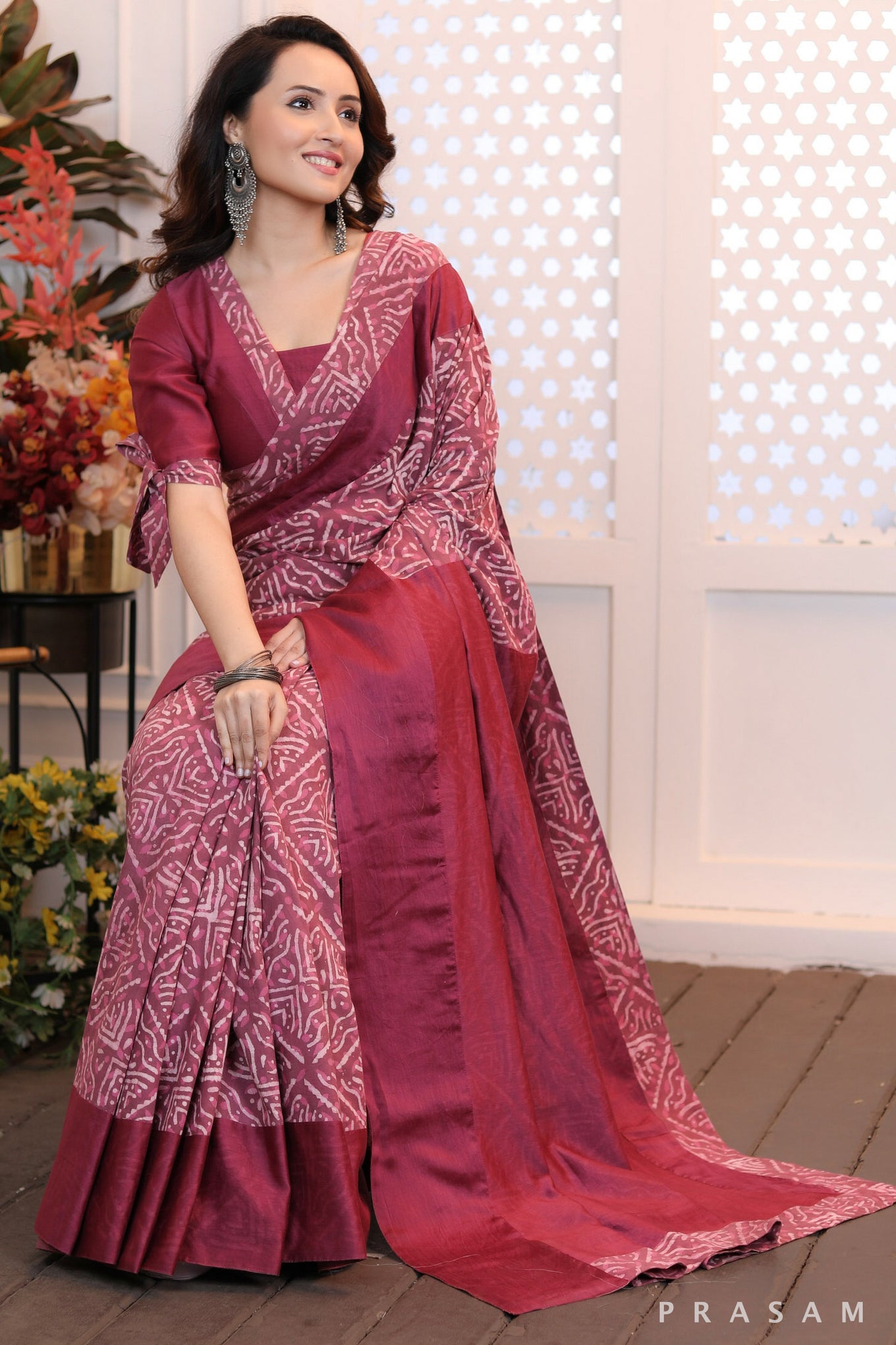 Radiant Rose Classy ethnic bagru printed saree with onion pink chanderi pallu & trims (Readymade blouse optional)