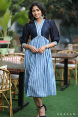Indigo Classic Couture - Sleek Soft Cotton Print And Chanderi Silk Dress With Slight Puff Sleeves