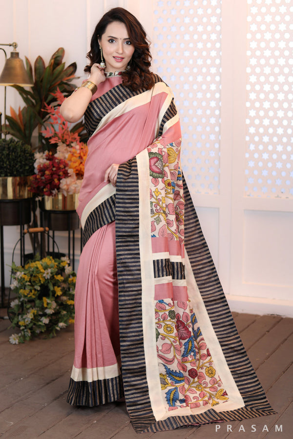 Blushing Rosewood Ethnically Modern dusky pink chanderi saree with pure kalamkari pallu & block printed borders