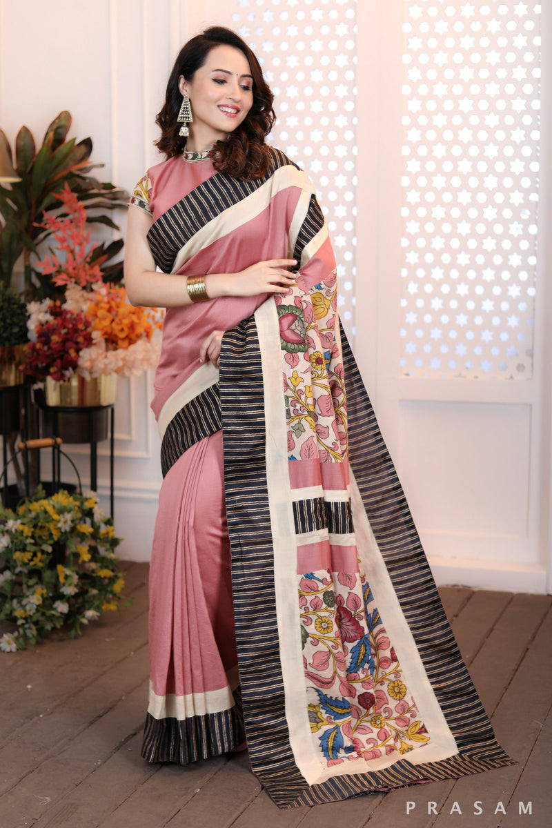 Blushing Rosewood Ethnically Modern dusky pink chanderi saree with pure kalamkari pallu & block printed borders