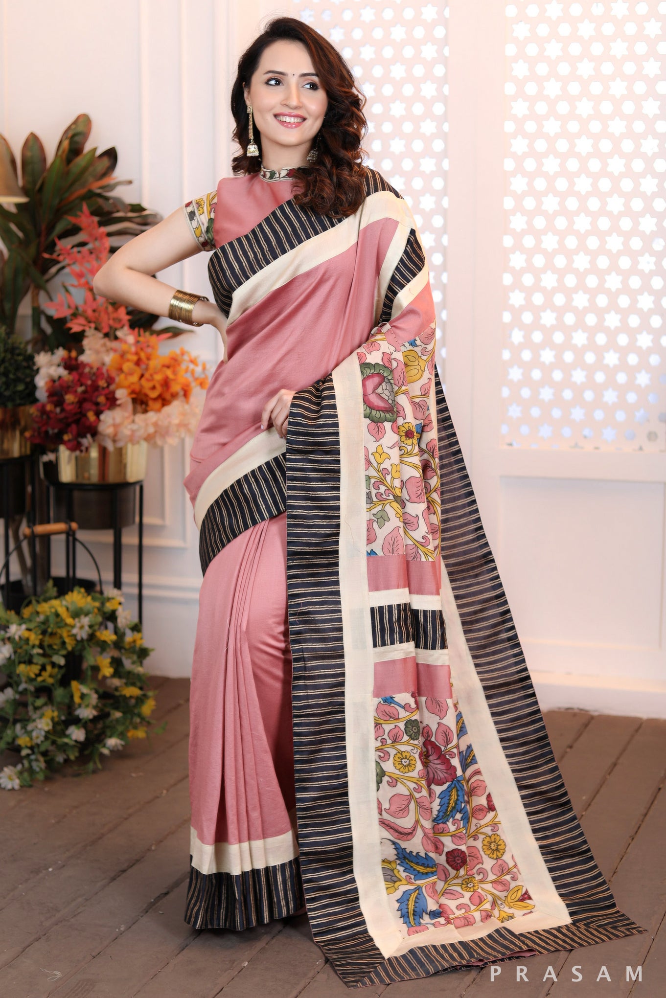 Blushing Rosewood Ethnically Modern dusky pink chanderi saree with pure kalamkari pallu & block printed borders