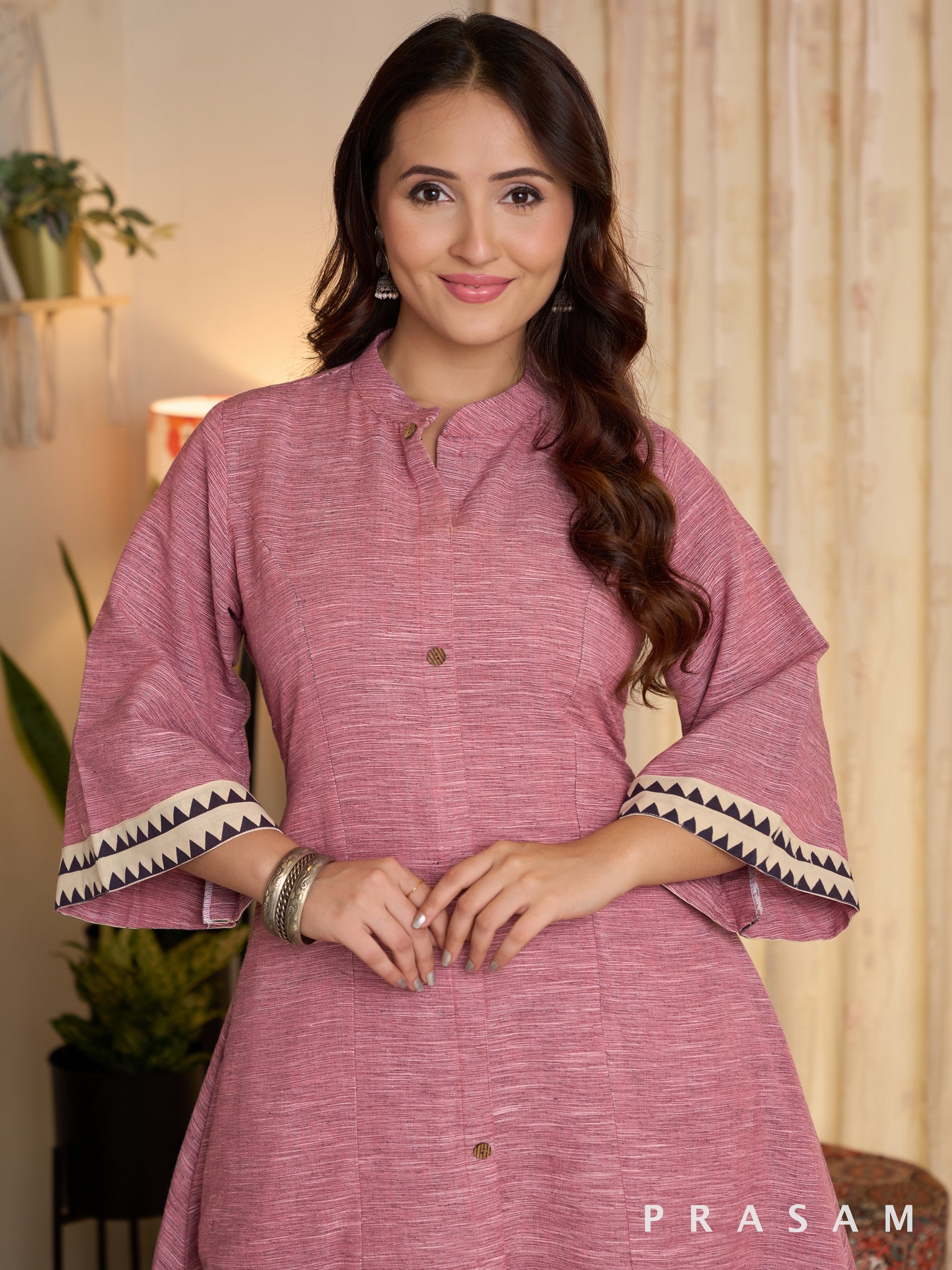 Rouge Pink Flared Kurta Set with Ajrak Trims