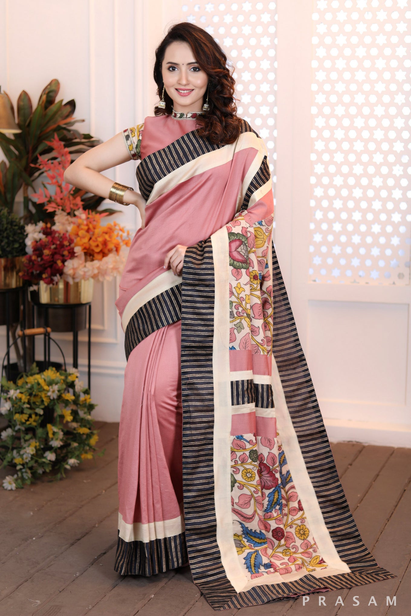 Blushing Rosewood Ethnically Modern dusky pink chanderi saree with pure kalamkari pallu & block printed borders