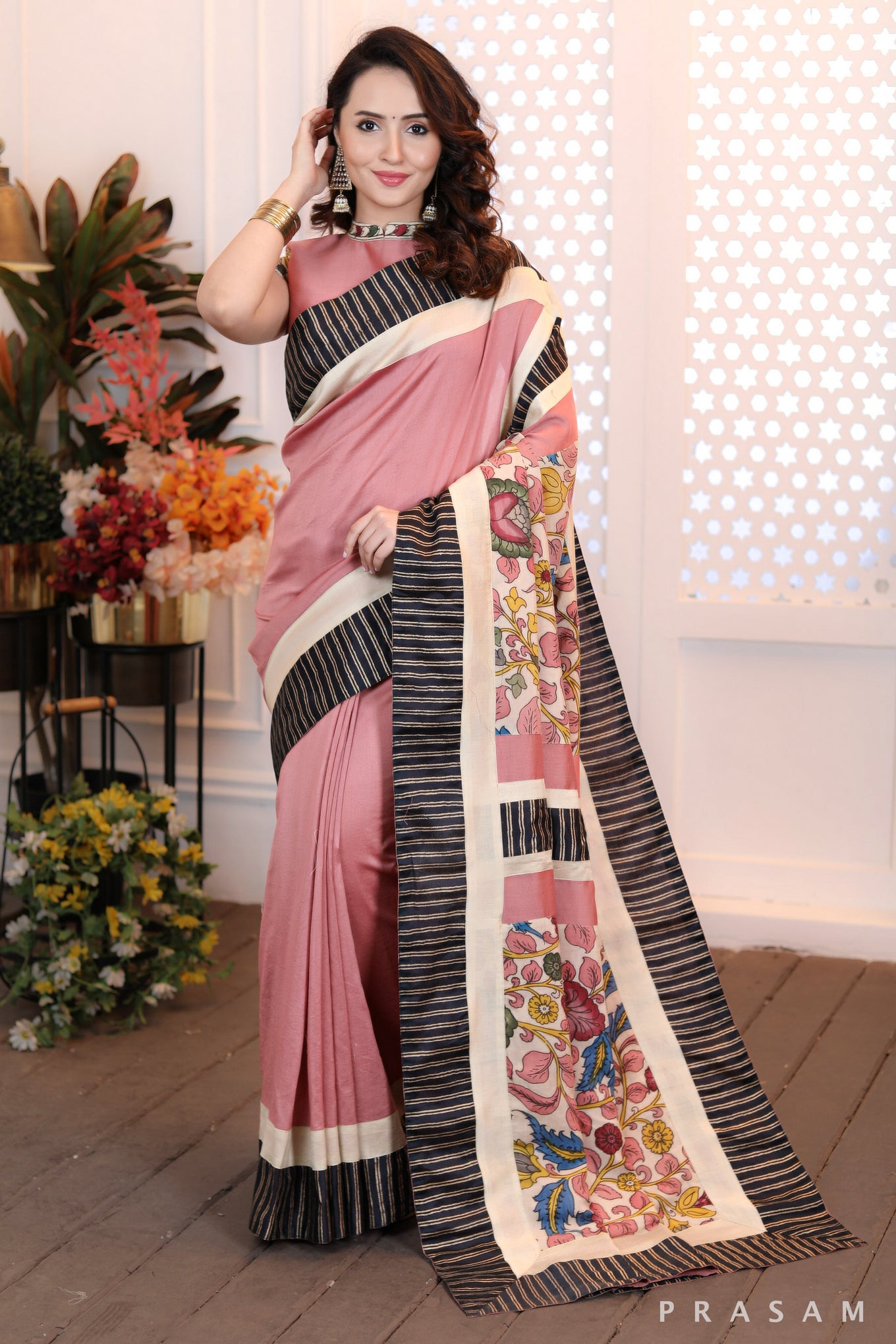 Blushing Rosewood Ethnically Modern dusky pink chanderi saree with pure kalamkari pallu & block printed borders