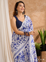 Aprajita -White And Blue Printed Chanderi Saree