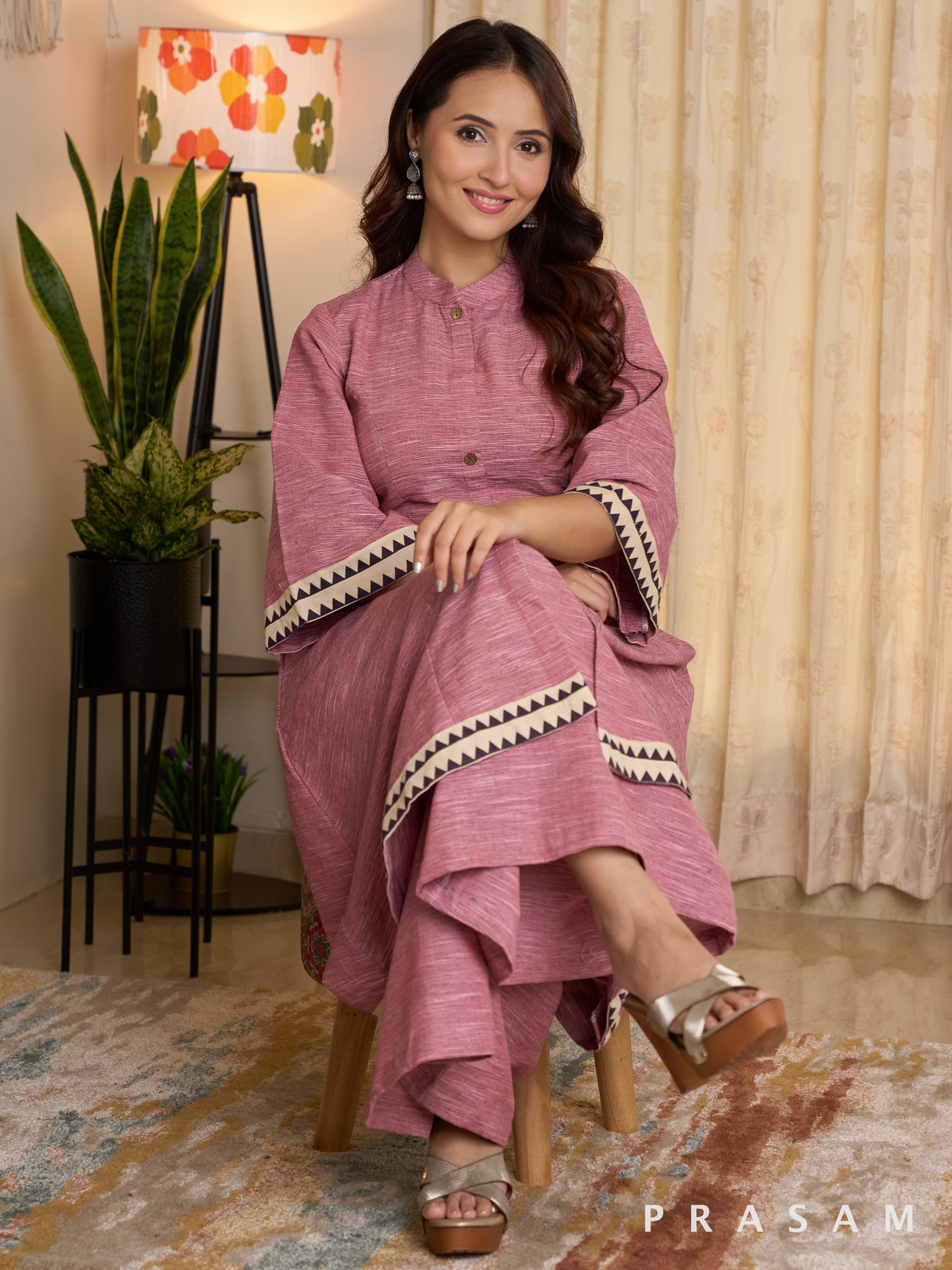 Rouge Pink Flared Kurta Set with Ajrak Trims