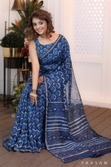 Dewdrop Elegance  Elegant blockprinted blue chanderi saree