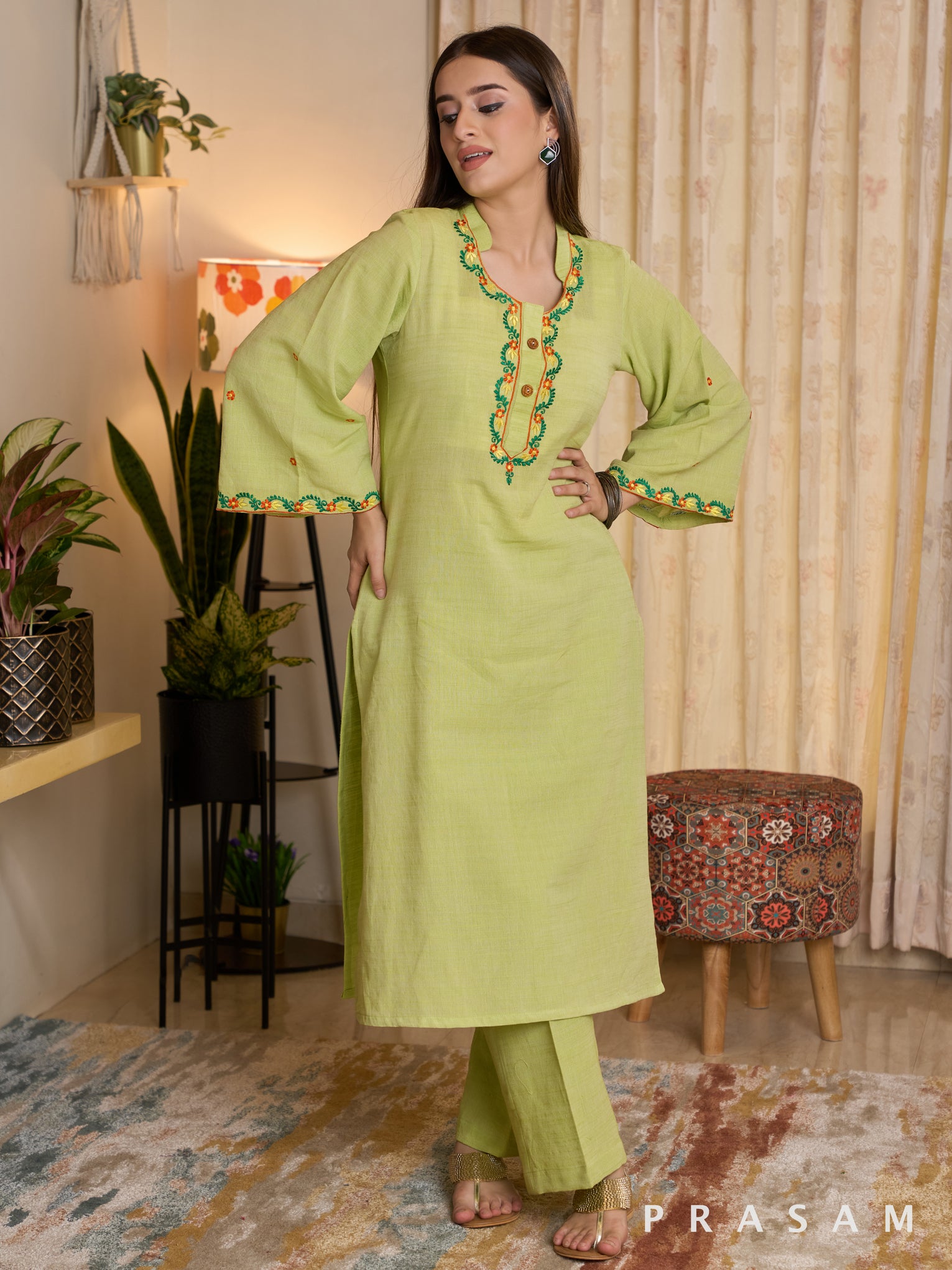 Minted Glow Kurta Set with Embroidery Details