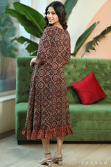 Cultural Ajrakh Ethno Modern Cotton Ajrakh Dress With Ruffles At The Hem And Coin Detailings