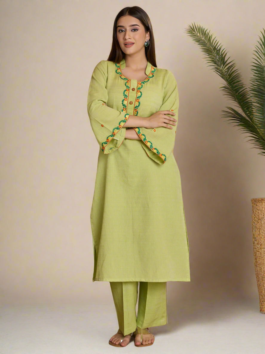 Minted Glow Kurta Set with Embroidery Details