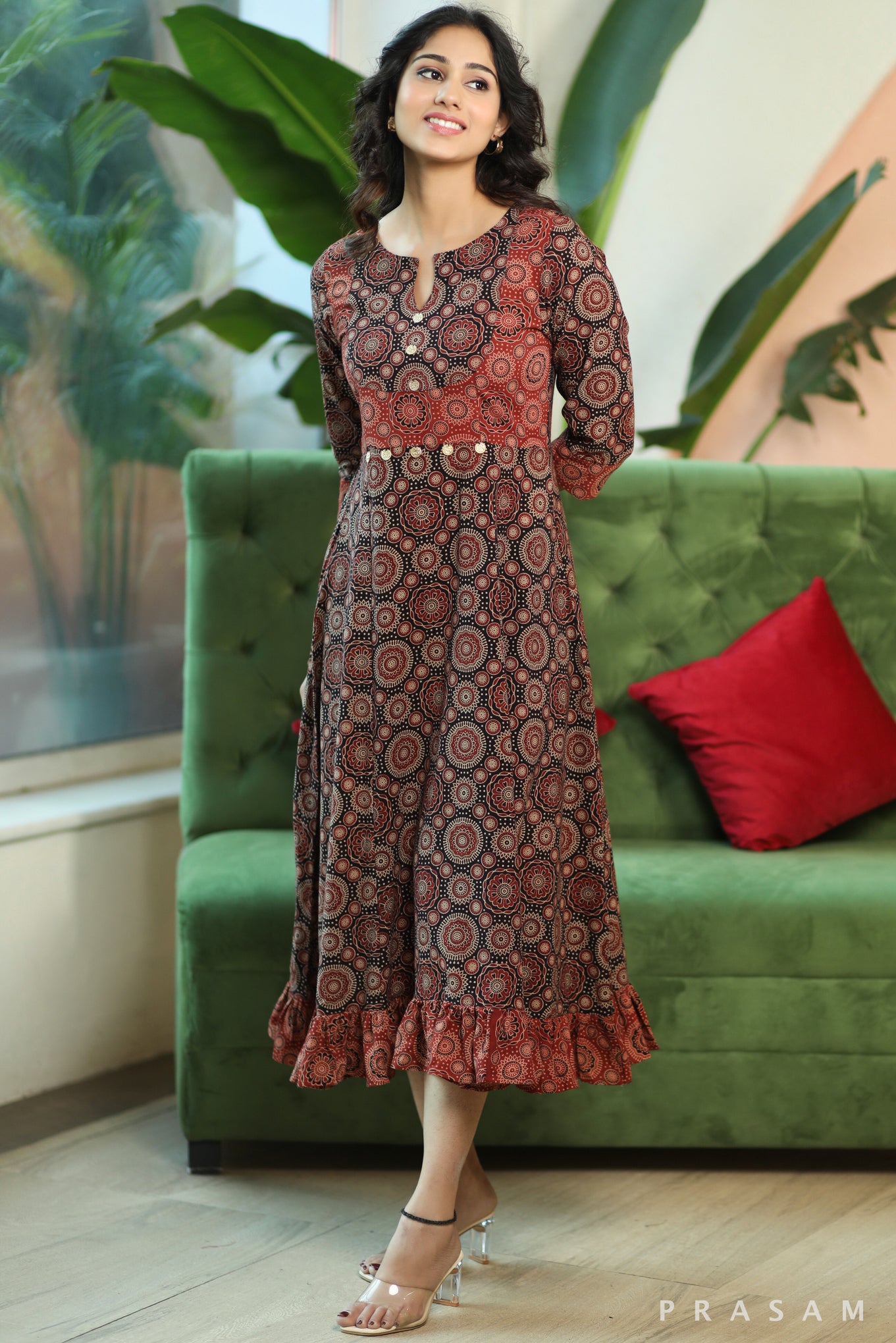 Cultural Ajrakh Ethno Modern Cotton Ajrakh Dress With Ruffles At The Hem And Coin Detailings