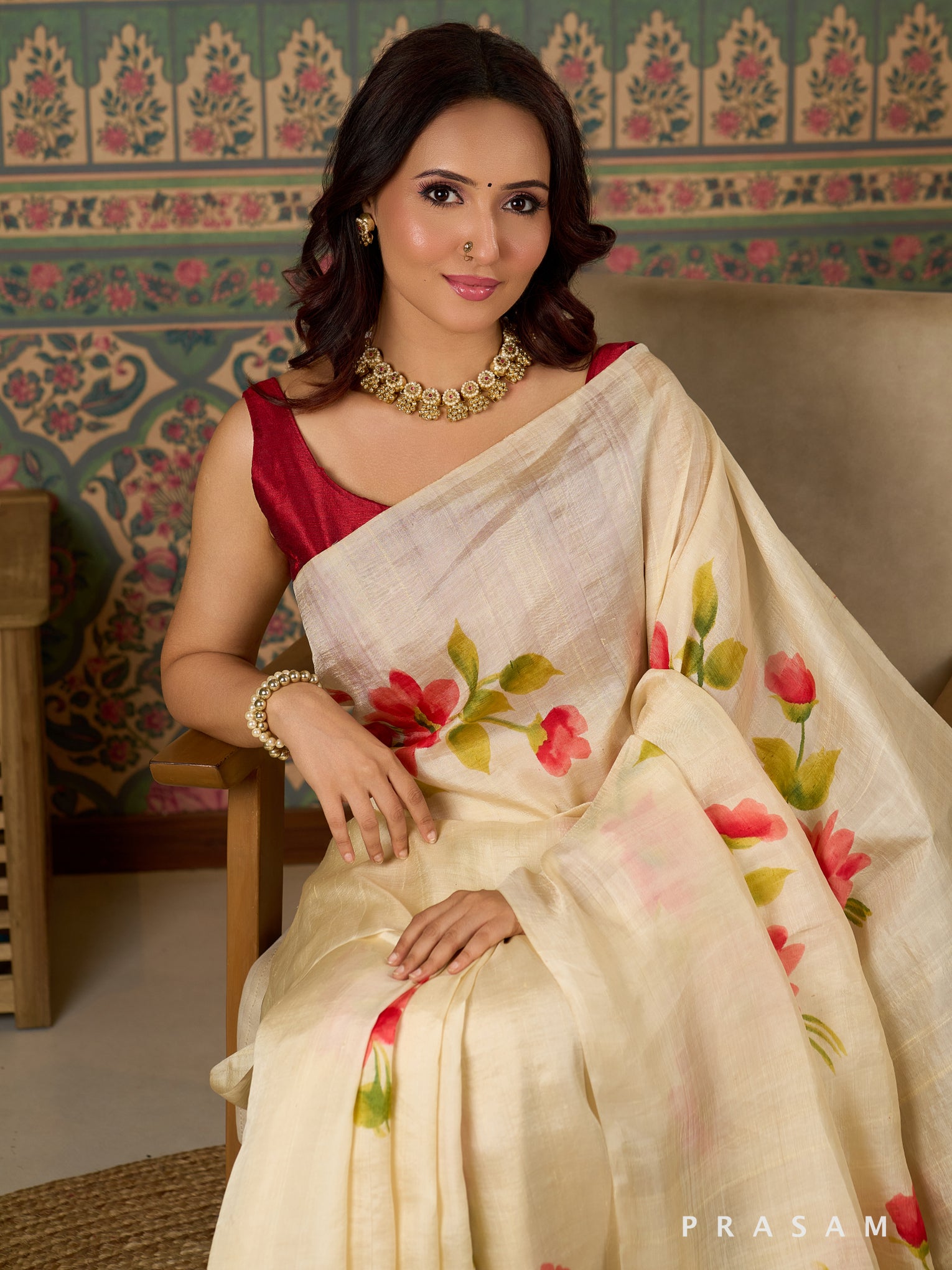 Ivory Flora Hand Painted Pure Silk Saree.