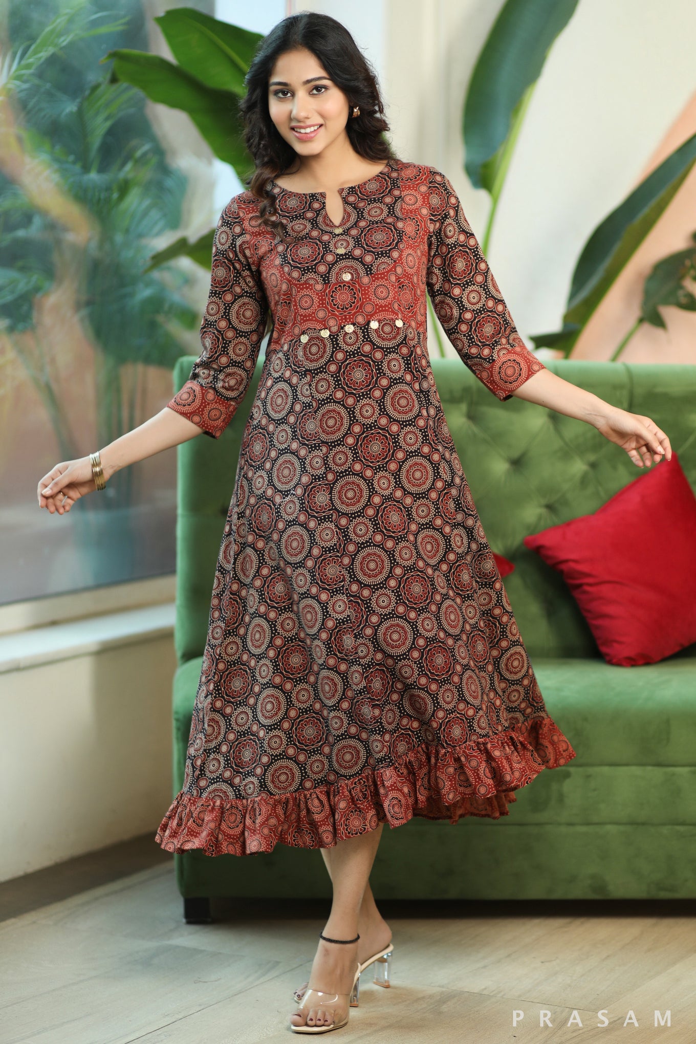 Cultural Ajrakh Ethno Modern Cotton Ajrakh Dress With Ruffles At The Hem And Coin Detailings